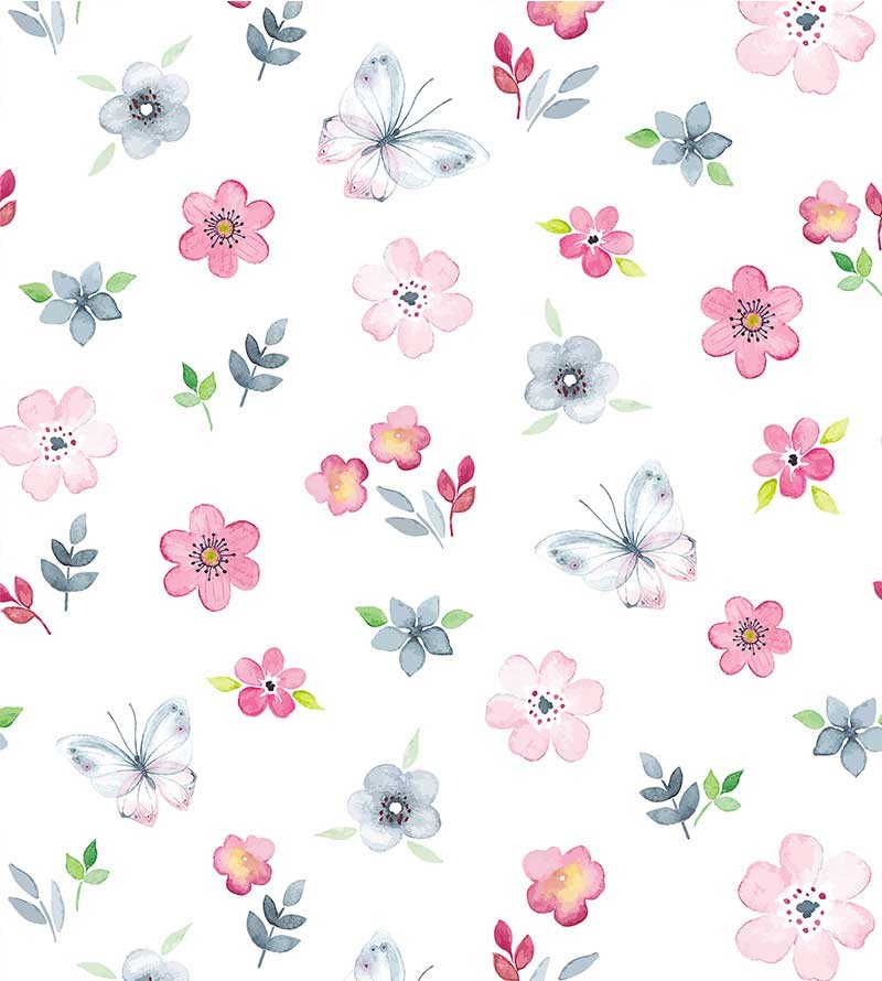 Papel de parede com flores e borboletas aquarelas - Infantil 232