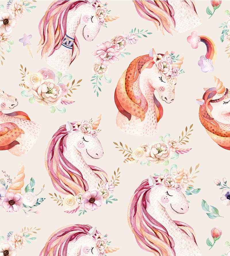 Papel de parede com unicórnios com fundo rosa claro e unicórnios em rosa escuro e branco - Infantil 236