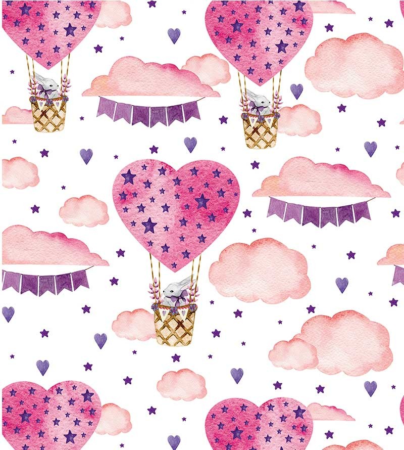 Papel de parede com balões em formas de coração e coelhinhos voando - Infantil 223