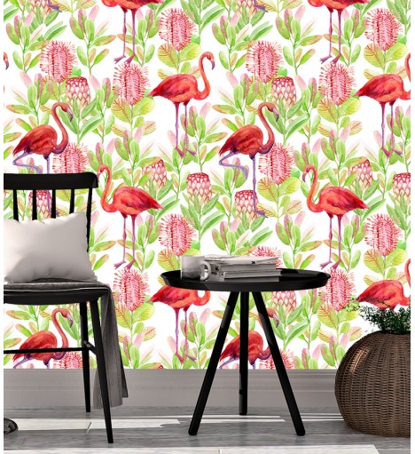 Papel de Parede Flamingos Tropicais