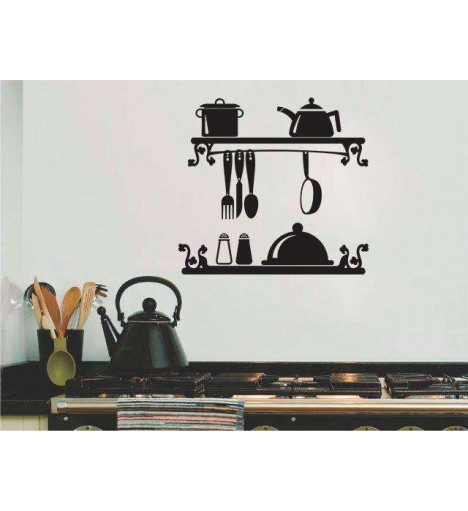 Adesivo recortado de parede com o tema cozinha, varão de talheres com potes, bules e saleiro - Cozinha 04