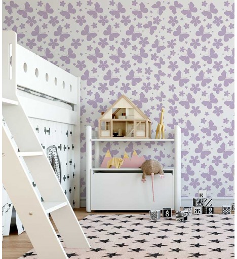 Papel de parede com fundo branco e desenhos na cor roxa - Infantil 94