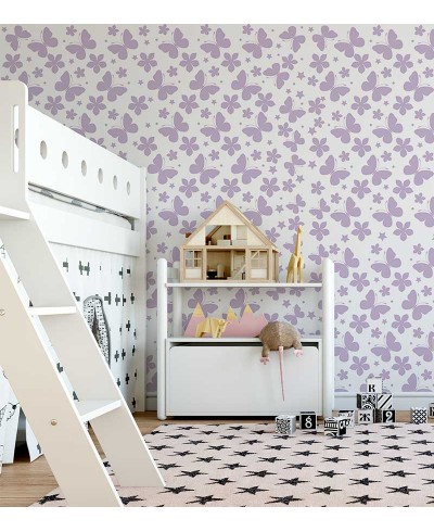 Papel de parede com fundo branco e desenhos na cor roxa - Infantil 94