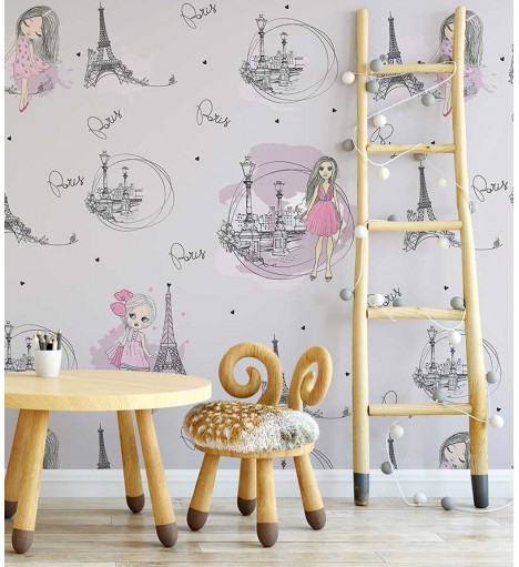 Papel de Parede Infantil Paris, com fundo roxo claro e torres Eiffel