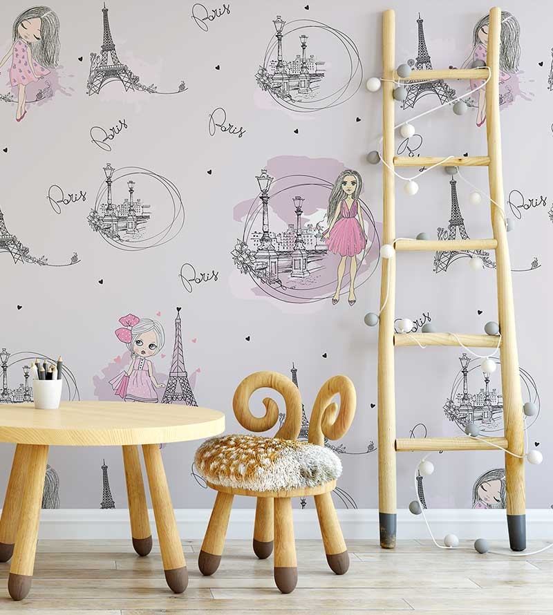 Papel de Parede Infantil Paris, com fundo roxo claro e torres Eiffel