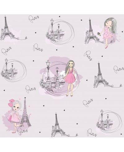 Papel de Parede Infantil Paris, com fundo roxo claro e torres Eiffel