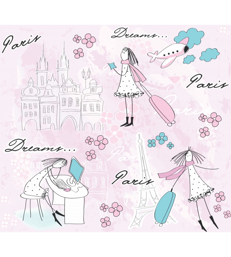 Papel de Parede Infantil Paris, com fundo rosa claro e torres Eiffel e garotas fofas.