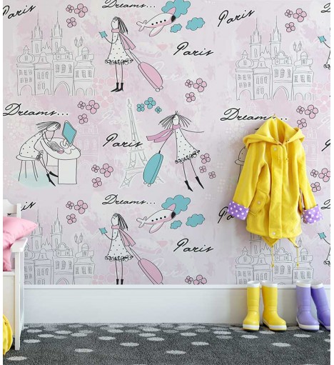 Papel de Parede Infantil Paris, com fundo rosa claro e torres Eiffel e garotas fofas.