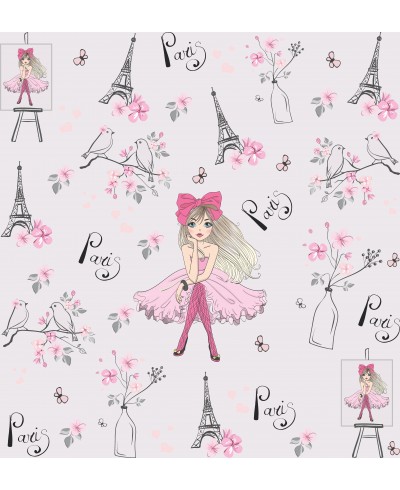 Papel de Parede Infantil Paris, com fundo rosa claro, Flores e torre Eiffel.
