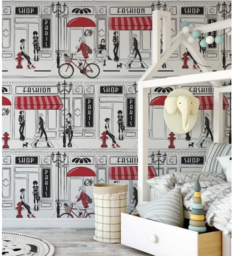 Papel de Parede Infantil Paris, estilo jornal, com cores Branco, preto e vermelho