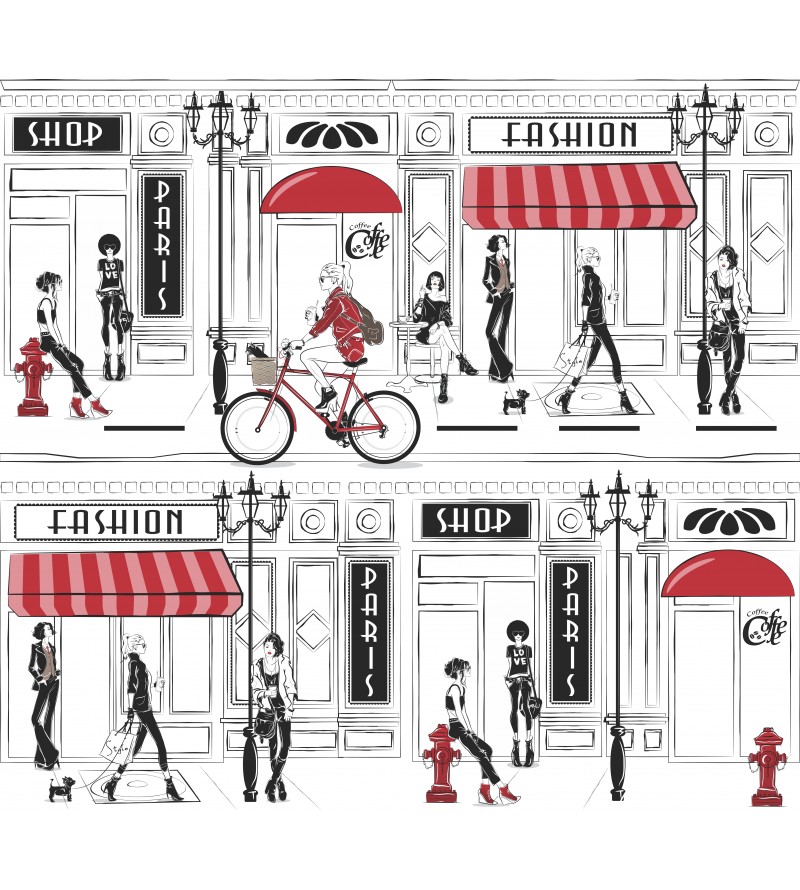 Papel de Parede Infantil Paris, estilo jornal, com cores Branco, preto e vermelho