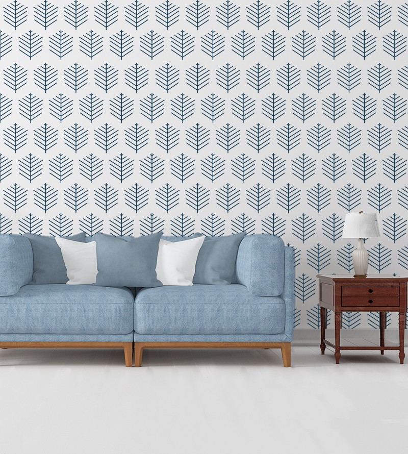 Papel de parede Folhagem geométrica em cores de azul.