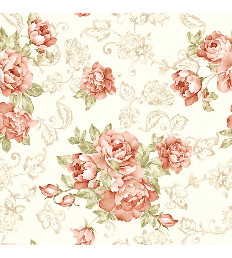 Papel de parede floral com fundo bege e rosas