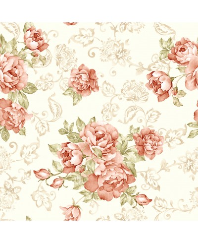 Papel de parede floral com fundo bege e rosas