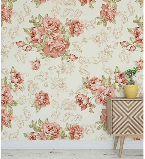 Papel de parede floral com fundo bege e rosas