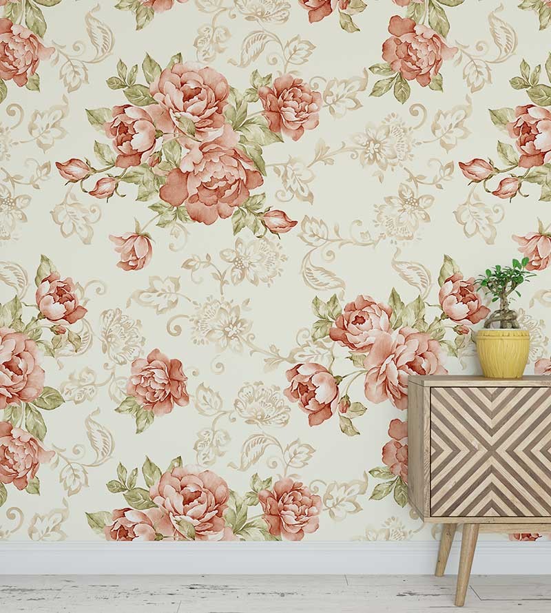 Papel de parede floral com fundo bege e rosas