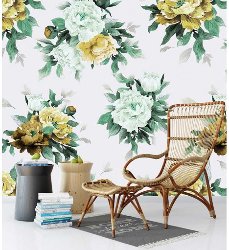 Papel de parede floral com fundo branco e flores em tons verdes