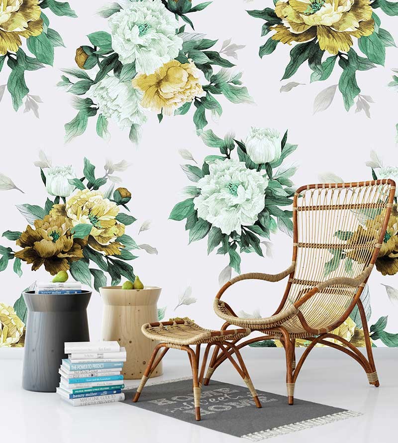 Papel de parede floral com fundo branco e flores em tons verdes