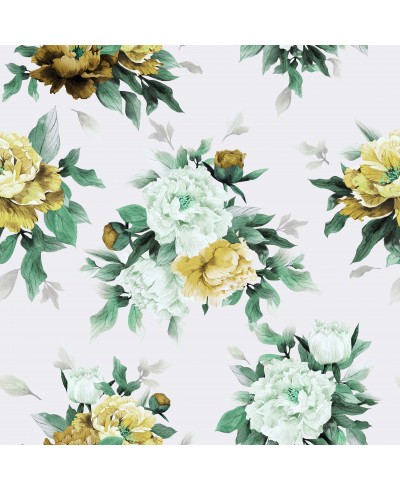 Papel de parede floral com fundo branco e flores em tons verdes