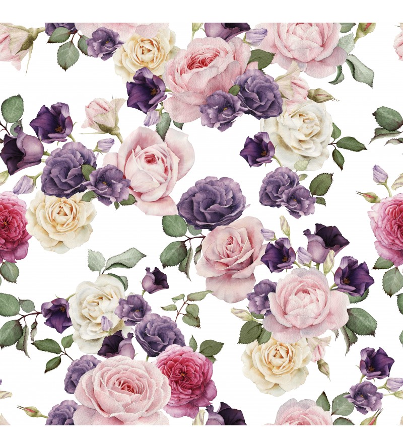 Papel de parede floral com fundo branco e flores em tons de rosa e roxo