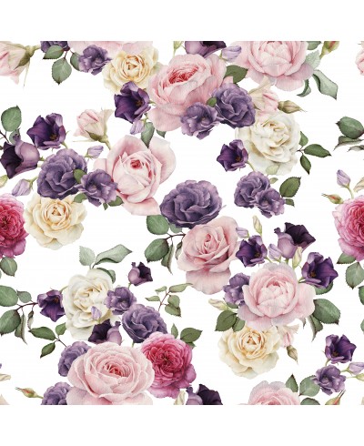 Papel de parede floral com fundo branco e flores em tons de rosa e roxo