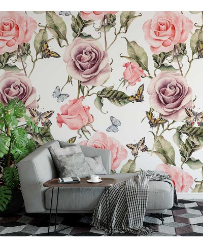 Papel de parede floral com fundo branco e flores rosas e roxas Papel de parede floral com fundo branco e flores rosas e roxas