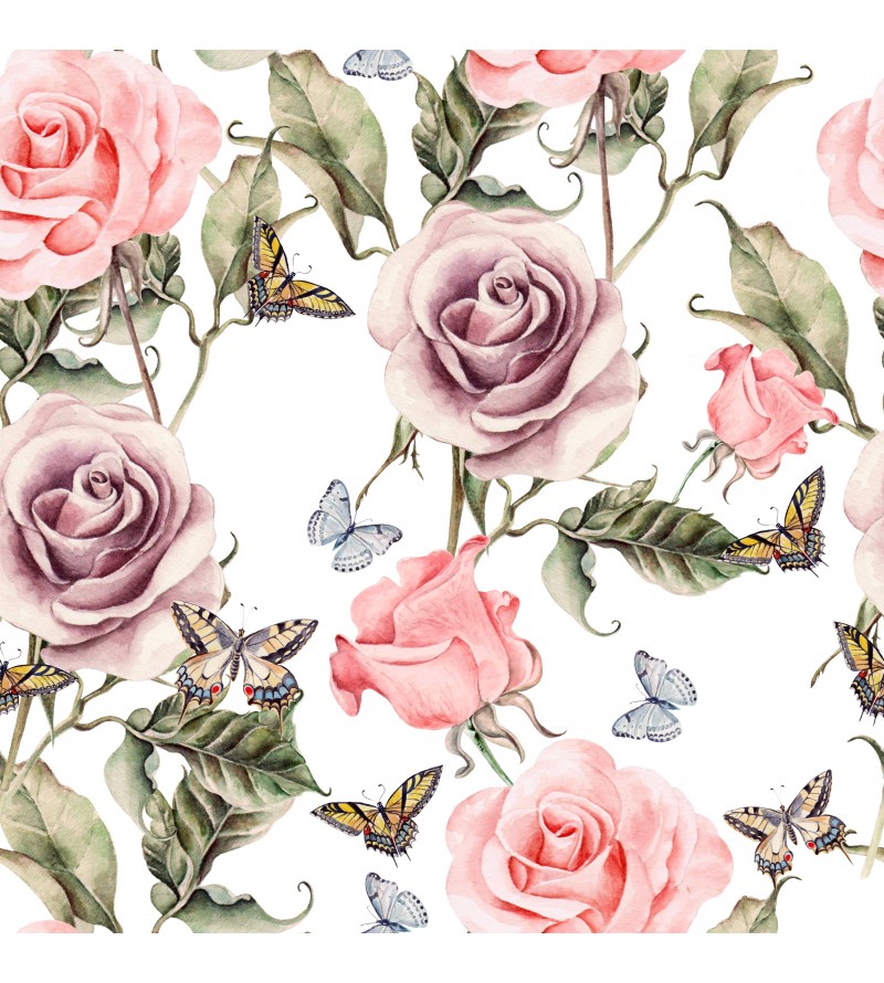 Papel de parede floral com fundo branco e flores rosas e roxas