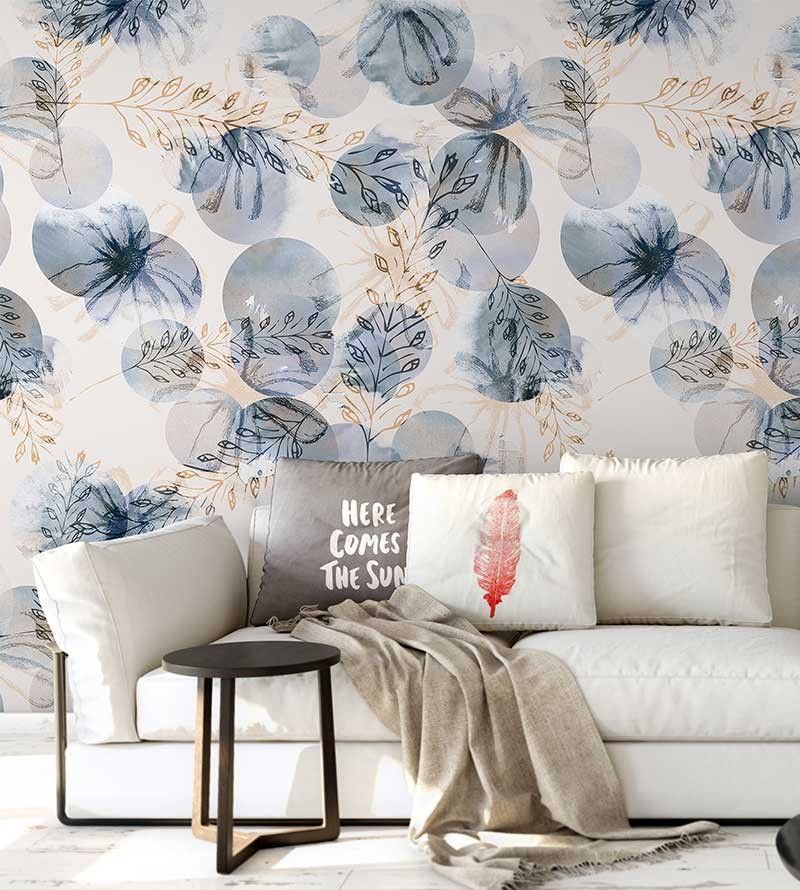 Papel de parede contemporâneo com desenhos em flores e trigos