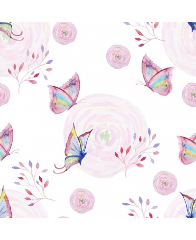 Papel de parede com borboletas e flores, em tons de roxo e branco