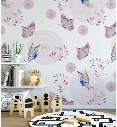 Papel de parede com borboletas e flores, em tons de roxo e branco