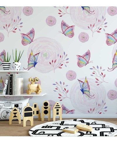 Papel de parede com borboletas e flores, em tons de roxo e branco