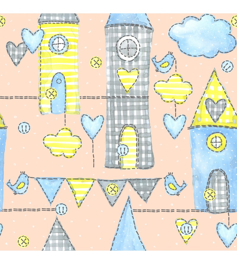 Papel de parede com castelos e nuvens, em cores de rosa e azul