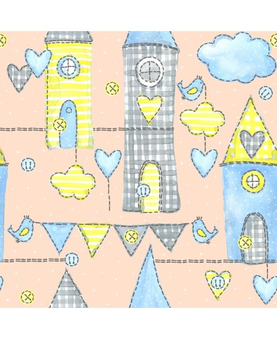 Papel de parede com castelos e nuvens, em cores de rosa e azul Papel de parede com castelos e nuvens, em cores de rosa e azul