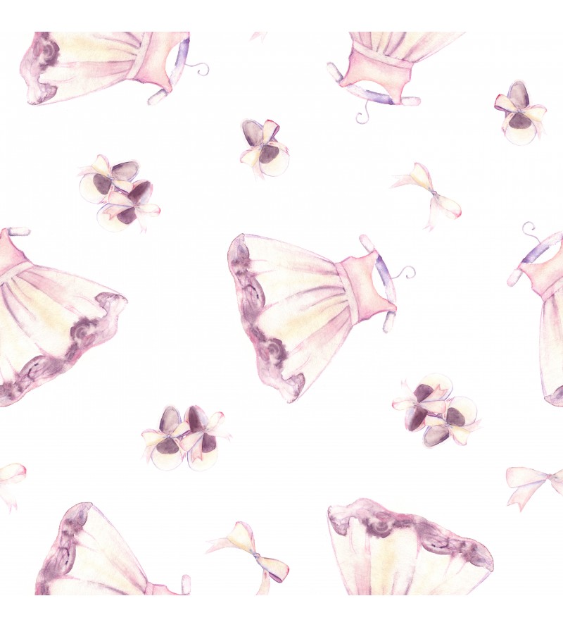 Papel de parede com vestidos e laços, em tons de roxo e branco