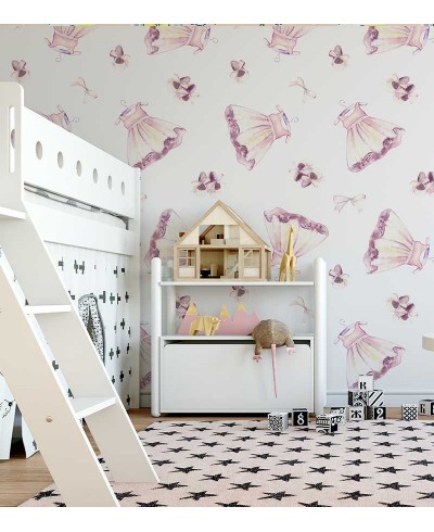 Papel de parede com vestidos e laços, em tons de roxo e branco Papel de parede com vestidos e laços, em tons de roxo e branco