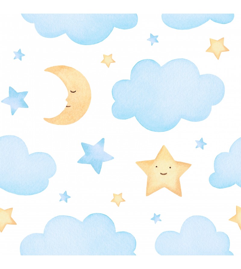 Papel de parede com nuvens, luas e estrelas, nas cores de azul, branco e amarelo