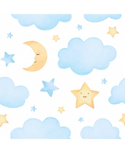 Papel de parede com nuvens, luas e estrelas, nas cores de azul, branco e amarelo