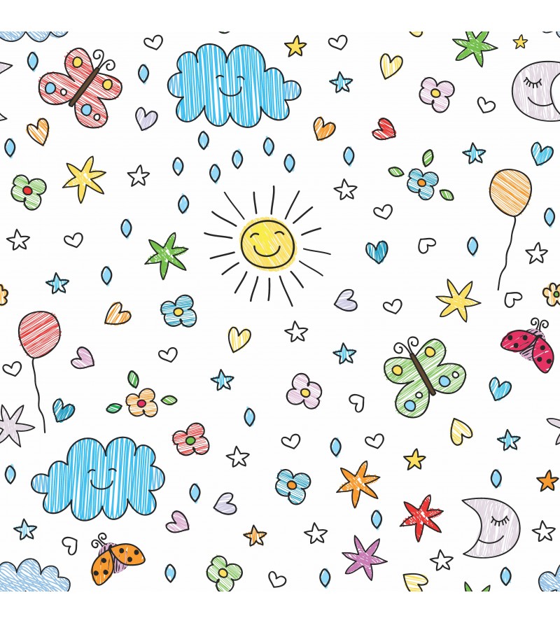Papel de parede com desenhos infantis, céus, sol, estrelas e variados