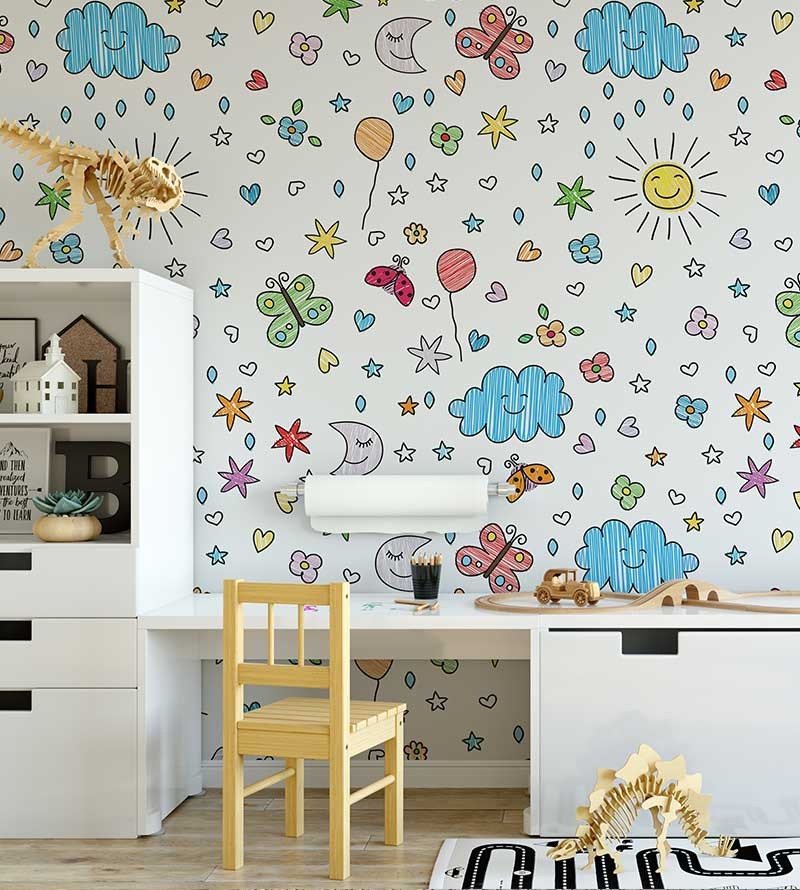 Papel de parede com desenhos infantis, céus, sol, estrelas e variados