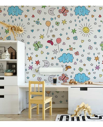 Papel de parede com desenhos infantis, céus, sol, estrelas e variados