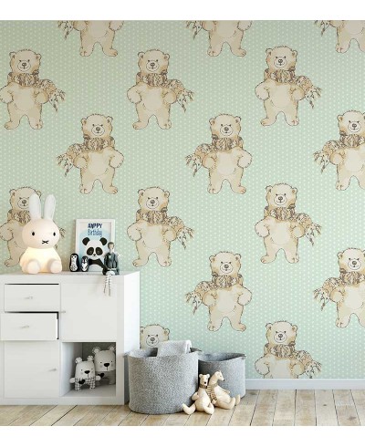 Papel de parede com ursinhos e listras em tons de azuis Papel de parede com ursinhos e listras em tons de azuis