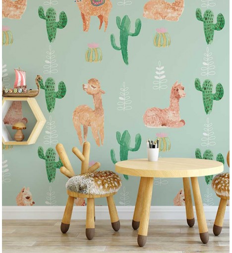 Papel de parede com Lhamas e cactos fofos