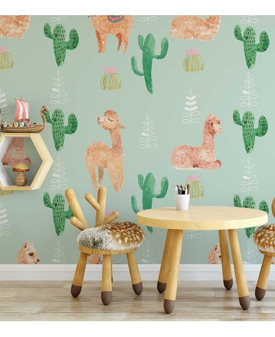 Papel de parede com Lhamas e cactos fofos Papel de parede com Lhamas e cactos fofos