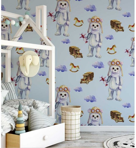 Papel de parede com Ursinhos, nuvens e cavalinhos