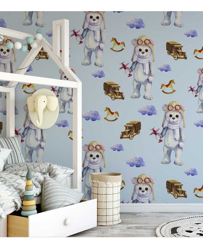 Papel de parede com Ursinhos, nuvens e cavalinhos Papel de parede com Ursinhos, nuvens e cavalinhos