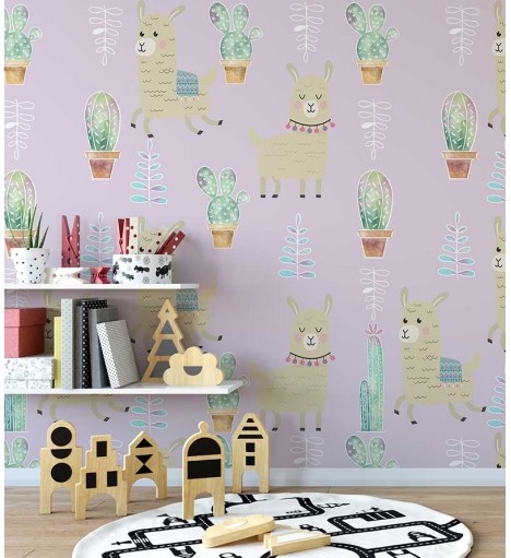 Papel de parede com Lhamas e cactos em tons de rosas