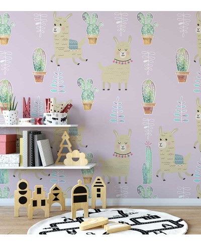 Papel de parede com Lhamas e cactos em tons de rosas Papel de parede com Lhamas e cactos em tons de rosas