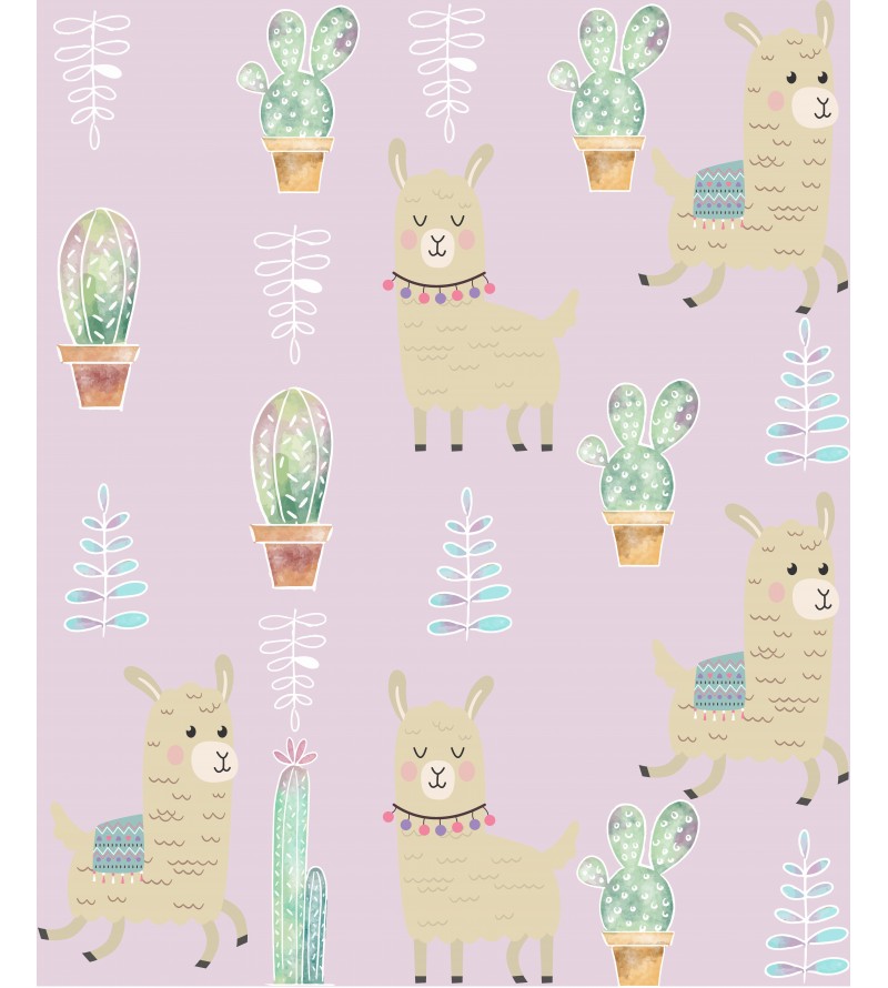 Papel de parede com Lhamas e cactos em tons de rosas