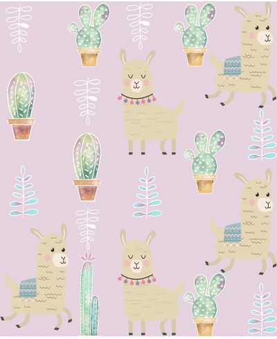 Papel de parede com Lhamas e cactos em tons de rosas Papel de parede com Lhamas e cactos em tons de rosas