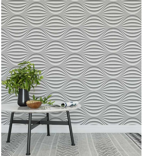 Papel de Parede 3D ondas com efeito de sombras em Tons de branco e cinza
